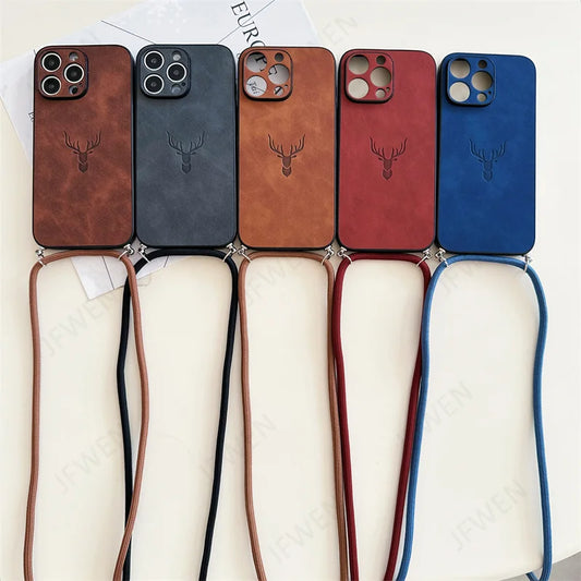 Crossbody Lanyard Deer Head Leather Case For iPhone 17 Air 16E 16 15 14 Plus 13 12 11 Pro Max XS X XR Hard PC Back Cover