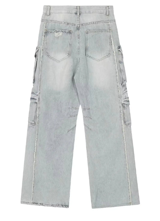 Designer Function Multi-pocket Cargo Men's Jeans Fashion Trend Punk Stone Wash Loose Straight Wide Leg Ripped Jeans for Men