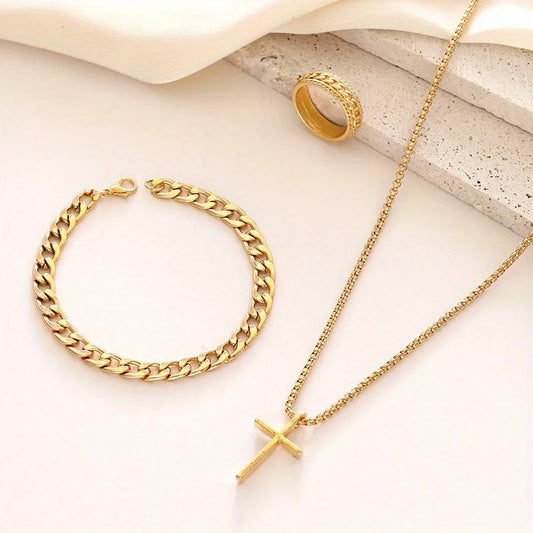 Factory Wholesale Fashion Accessories Gold Silver Black Necklace Bracelet Ring Set Jewelry Sets for Men