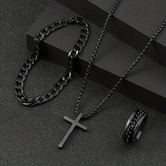Factory Wholesale Fashion Accessories Gold Silver Black Necklace Bracelet Ring Set Jewelry Sets for Men