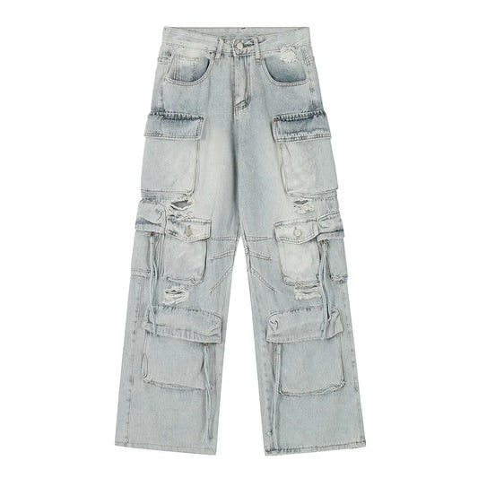 Designer Function Multi-pocket Cargo Men's Jeans Fashion Trend Punk Stone Wash Loose Straight Wide Leg Ripped Jeans for Men