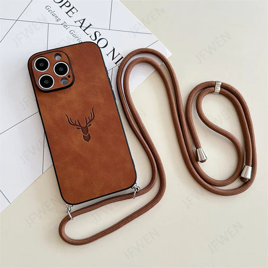 Crossbody Lanyard Deer Head Leather Case For iPhone 17 Air 16E 16 15 14 Plus 13 12 11 Pro Max XS X XR Hard PC Back Cover