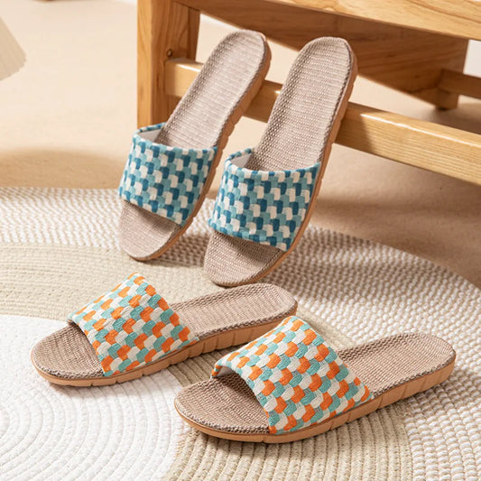 Summer Slippers for Women Home Linen Fabric Designer Shoes Ladies Elegant Indoor Soft Sole Anti-Slip Slides Couple Lightweight